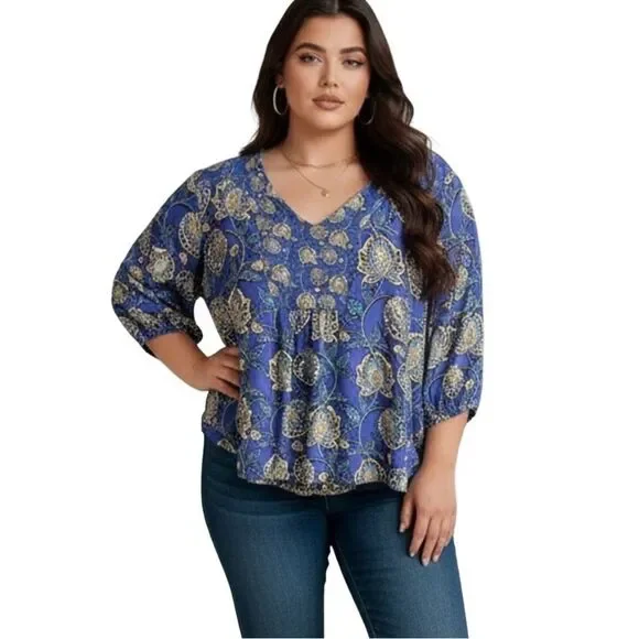 🛍️ Women’s blue yellow floral 3/4” sleeve pullover high low blouse plus size 2X - Picture 3 of 7